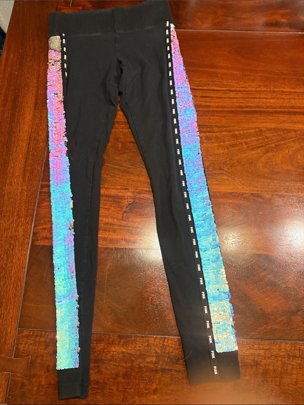 Victoria Secret Pink Black Leggings with Iridescent Sequin Side Stripes